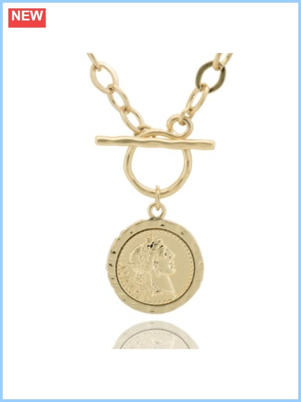 18K Gold Plated Brass Roman Coin Pendant Toggle Chain Necklace 18 In
